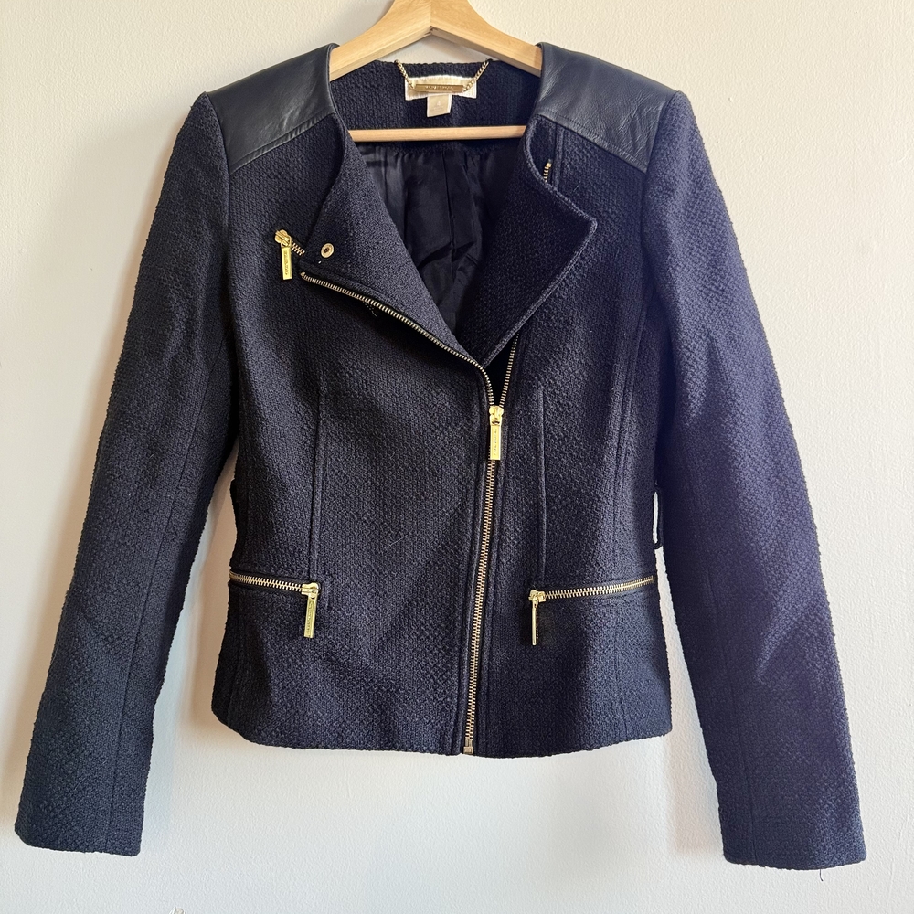 Michael Kors Navy Textured Moto Jacket With Faux Leather Shoulder Accent